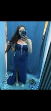 Blue Satin Strapless Beaded Maxi Dress with Slit for Formal or Party/PROM