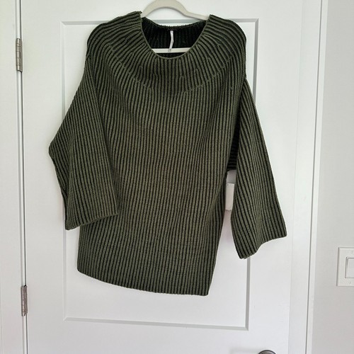 Free People Olive Combo Knit Boat Neck Charlotte Tunic Sweater Top M New - Picture 2 of 6