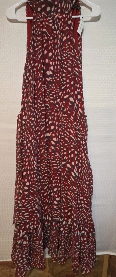 Banana Republic Womens Long Maxi Dress XS Tall Red Animal Print Bow Tie Neck NWT - Image 2 of 4