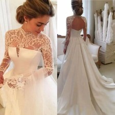 Long Sleeves Vintage Wedding Dresses Sweep Train Satin A Line Lace Bridal Gowns