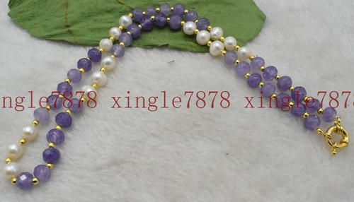 Natural 7-8mm White Cultured Pearl + 5x8mm Purple Jade Gemstone Necklace 20" AAA - Picture 2 of 4