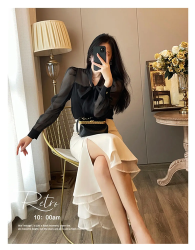 Women Clothing Chiffon Bow Lacing Shirt Tops New Long Sleeve Blouse Sexy Fashion - Picture 4 of 11