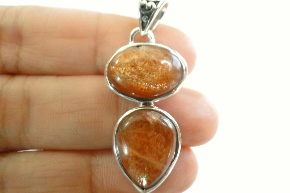 Natural Orange Sunstone Crystal Two Stone 925 Sterling Silver Pendant - Image 2 of 4