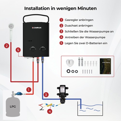 CAMPLUX 5L Gasdurchlauferhitzer mit 4,3L Wasserpumpe LPG Camping Dusche RV Reise - Bild 5 von 11