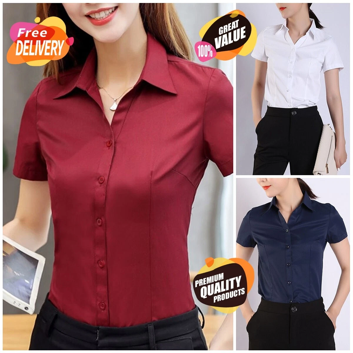 Blusas De Algodón Para Mujer Camisa Manga Moda Elegante Trabajo | eBay