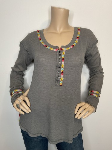 We The Free People Small Gray Rainbow Thermal Henley Embroidered Top Shirt