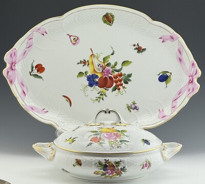   EXCELLENT HEREND BFR FRUITS & FLOWERS Tureen & Dish Platter Tray