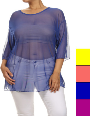 Womens Plus XL/1X,2X,3X Solid Sheer Round Neckline 3/4 Sleeve Top !