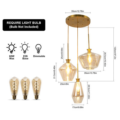 3-Light Chandelier Ceiling Lights Glass Champagne Gold Hanging Pendant Loft Lamp