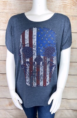 Lane Bryant 26/28 Plus Red White Blue Marled Embellished Flag Skull T-Shirt