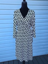 Lauren Ralph Lauren Womens 10 Black White Geometric Print Jersey Midi Wrap Dress