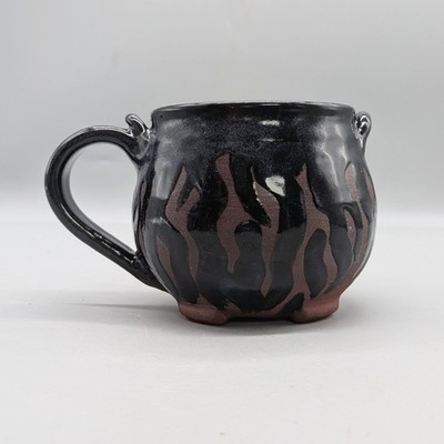 Handmade Studio Art Ceramic Witches Black Cauldron Fire Flame Coffee Mug Stamped