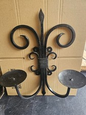 Vintage Wrought Iron Double‑Arm Wall Candle Sconce – Scroll Black Metal – 40cm
