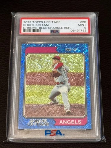 Shohei Ohtani 2023 Topps Heritage #20 Blue Sparkle Refractor Chrome PSA 9