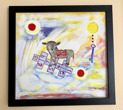 Black Sheep Original Mixed Media Painting Cardboard Folk Surreal Art With Frame