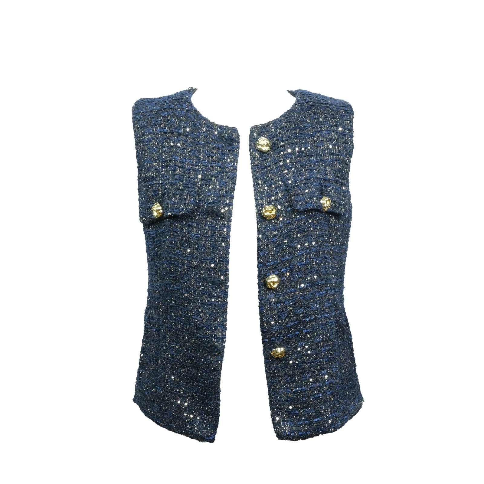 Zara Navy Dark Blue Tweed Vest with Gold Buttons Sleeveless Size S