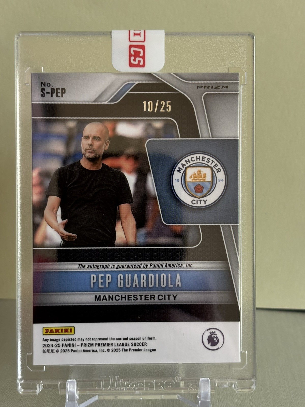 PEP GUARDIOLA 2024-25 PANINI PRIZM P/L #S-PEP SIGNATURES AUTO PURPLE 10/25 view 2