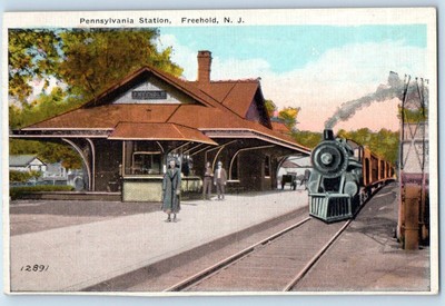 c1940 Freehold New Jersey Vintage Postcard Pennsylvania Station Locomotive Train