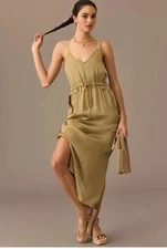 Love The Label Anthropologie Midi Dress XS Cargo Sleeveless Utility Satin Green