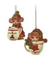 Set of 2 Mouse With Poinsettia  Holly Leaf Mug Ornaments E1071 w