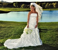 Classic Strapless White Wedding Gown with Pickups and Intricate Embroidery