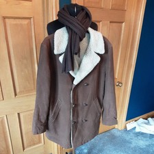 Mens Vintage Retro 70s Look Faux Sheepskin Coat Size Medium Brown