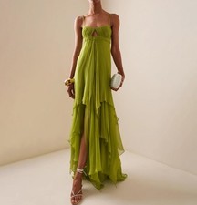 Women's Green Summer Breathable Party Sexy Pleated Zipper Spaghetti Strap Dress