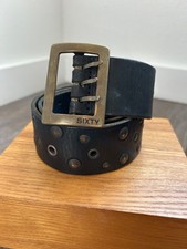 Sixty authentic Y2K black leather brass stud buckle wide jeans rocker belt 34 36
