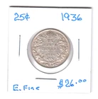 Canadian 1936   25 cent coin-    Item #3288