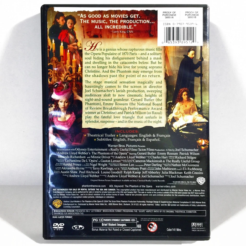 Andrew Lloyd Webber's The Phantom of the Opera (DVD, 2004, Widescreen) Like New! - Image 2 of 3