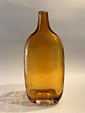  12” Amber Hand blown Thick Glass Bottle/Vase Short Neck, Flat COOL!