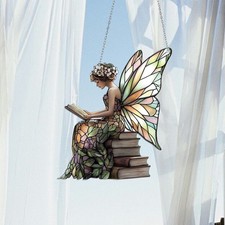 Stained Glass Fairy Reading Book Suncatcher Window Hanging Pastel Butterfly Wing