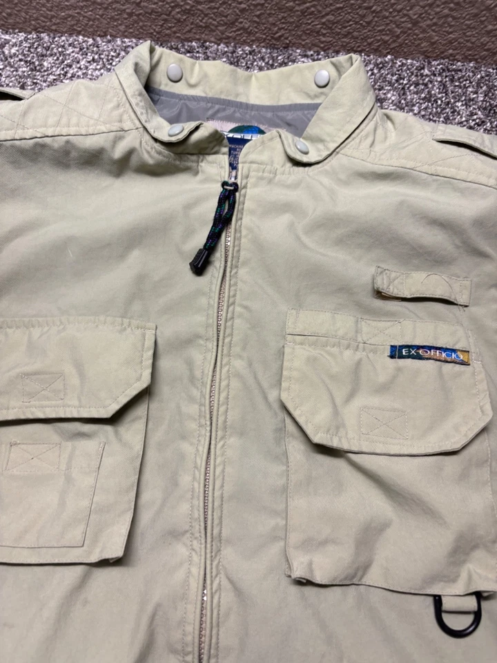 ExOfficio Jacket Large Beige Zip Up Nylon Outdoor Travel Utility Safari Vtg * - Image 2 of 4