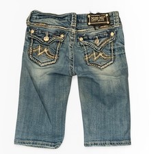 Miss Me Girls Bermuda Denim Shorts Medium Wash Distressed Flap Pocket Size 14/24