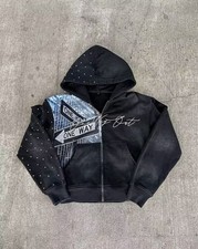 Mens Black Full-Zip Hooded Graphic Print Hood...