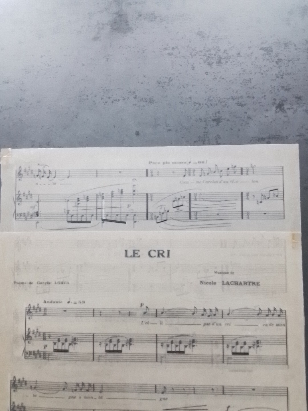 Partition musique contemporaine Le Cri Nicole Lachartre chant et piano calque