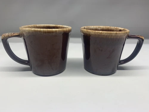 Set of 2 Vintage McCoy Pottery Brown Drip Glaze Coffee Mugs Cups D Handle USA