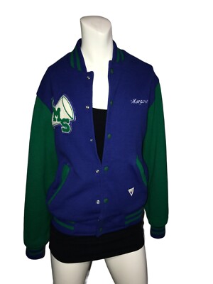 70s 80s Letterman Varsity Jacket Womens Green Blue Medium