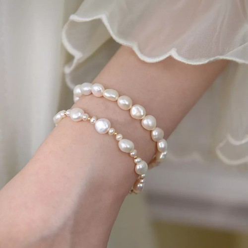 Brazalete Doble Hilo AAA + Akoya Perla Barroca Blanca 7.5-8" Oro 14k P - Imagen 4 de 6