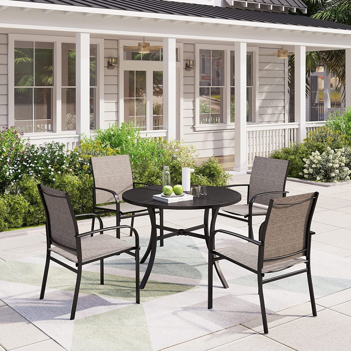 5 piece patio dining set with umbrella Outsunny 38" Round Table Hole, Tempered Glass Outdoor Table, Black The set FEATURES a sleek and modern black square table with a distinctive slat tabletop design that adds a touch of sophistication to your outdoor space 5 Piece Outdoor Dining Set
