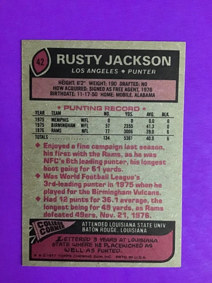 1977 TOPPS FOOTBALL SET BREAK CARD # 42 Rusty Jackson NM/MT - Image 2 of 2