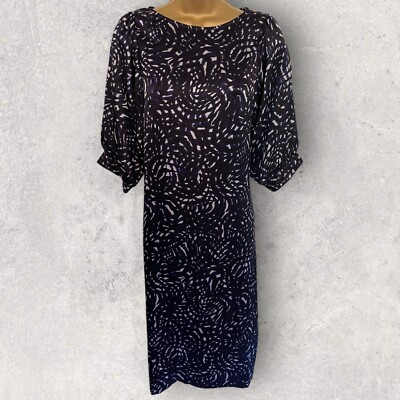 Nicole Farhi Damen schwarz blau weiß Fledermaus Kurzarm Seide Etuikleid UK 10