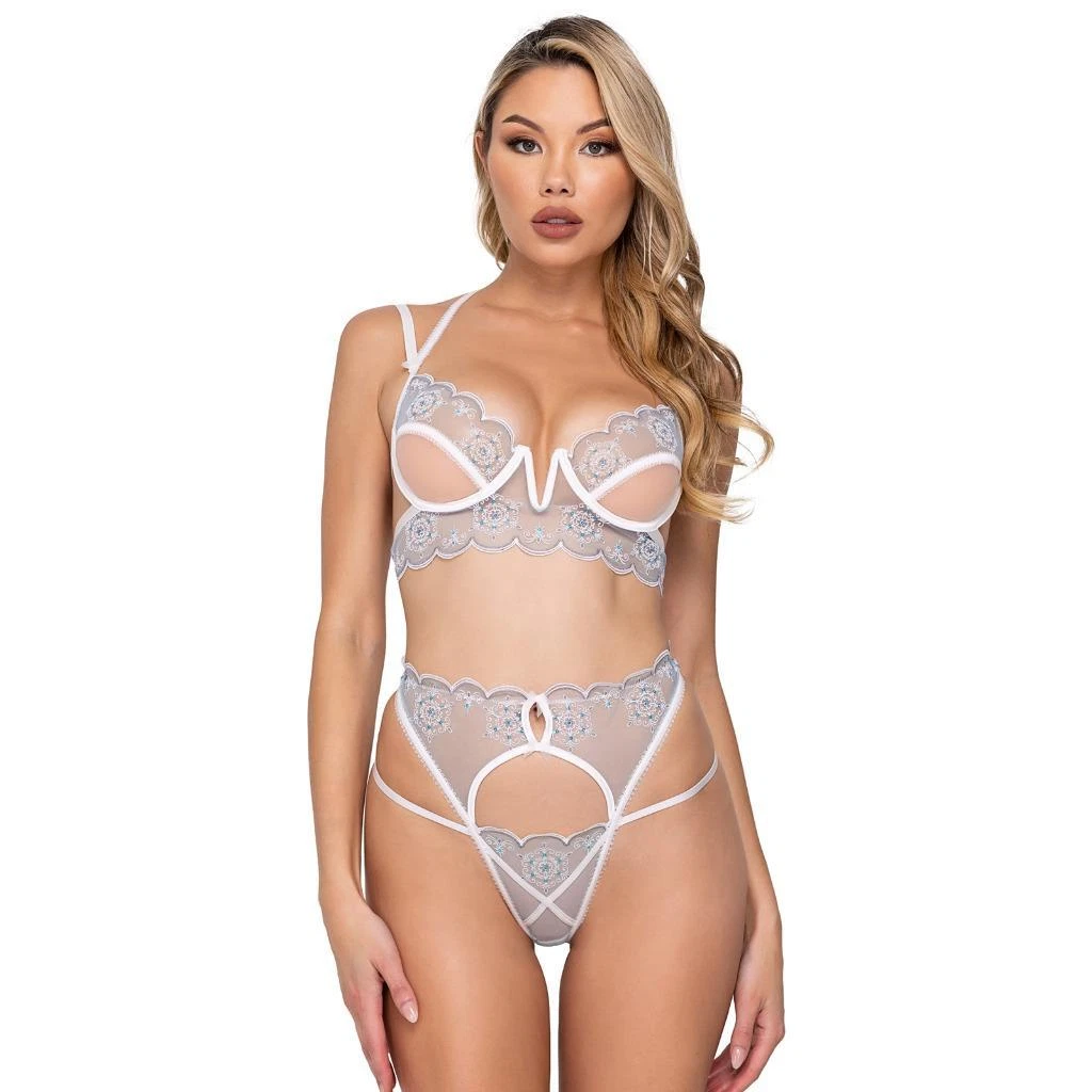 Snowflake Bra Set Metallic Cut Out Cups Underboob Underwire Pom Pom Thong  LI632