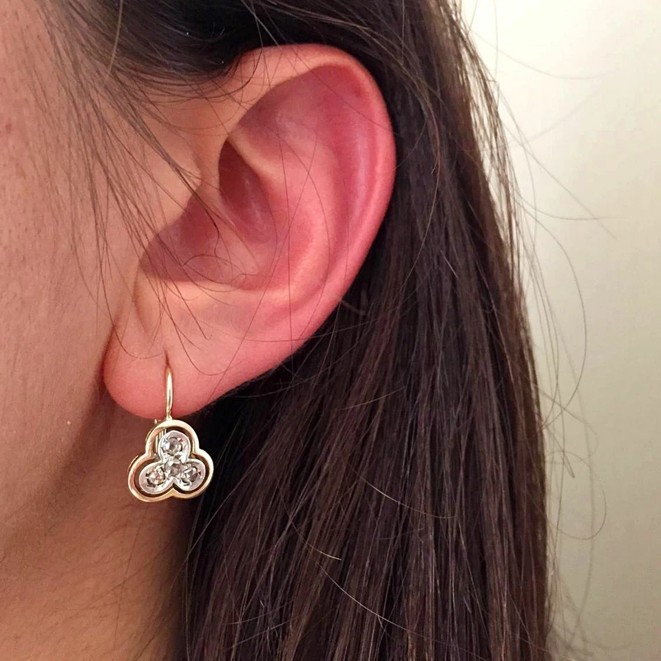 14k Solid Real Yellow GOLD and Rose Cut DIAMOND Drop Dangle Leverback Earrings - Image 4 of 4