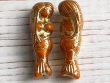 2 - 25x7mm CZECH MERMAID SEA GODDESS OPAQUE ORANGE GOLD WASH BEACH GLASS BEADS
