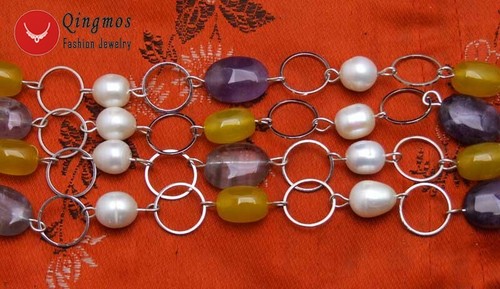 Collana donna 10-11 mm riso perle bianche ametista giada anello metallo lungo 32'' - Foto 4 di 6