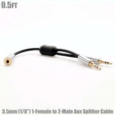 0.5FT 3.5mm 1/8" Female to Dual Male Jacks Stereo Audio AUX Y-Splitter Cable