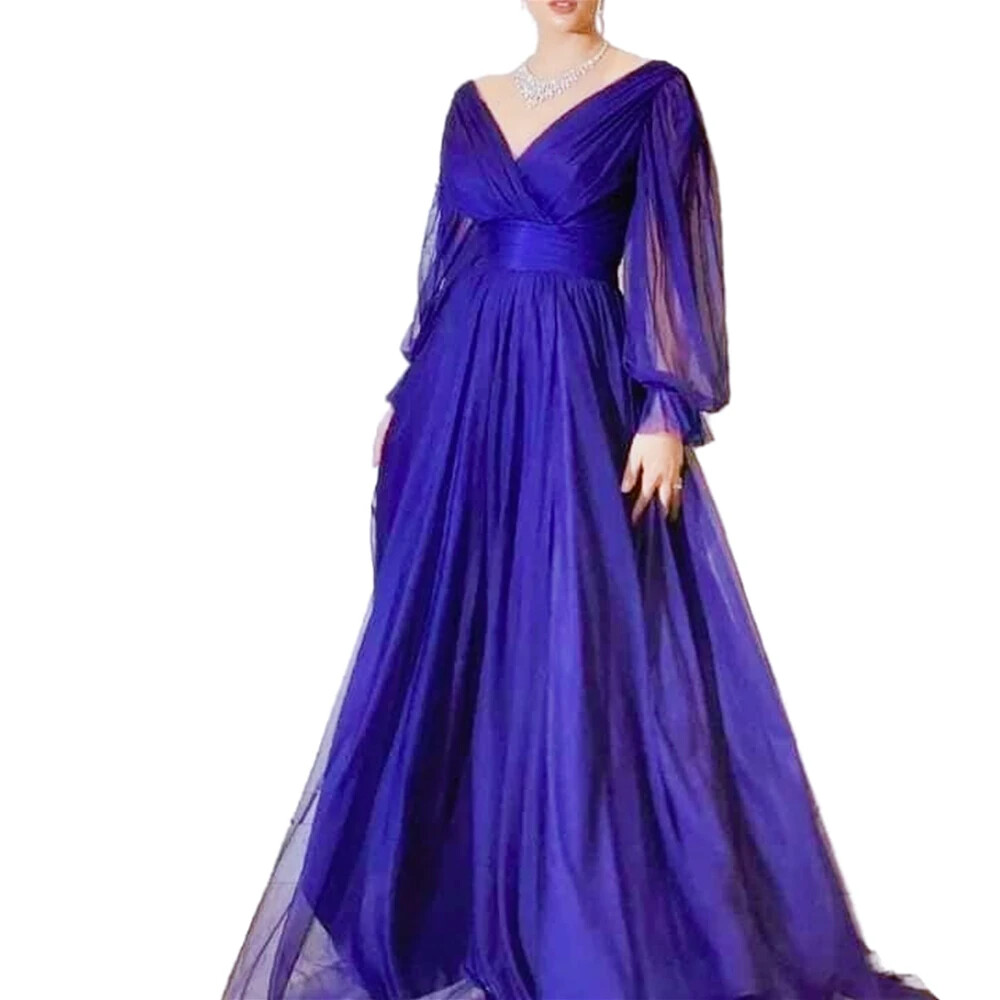 Puff Long Sleeves Evening Dresses A-Line Party Gowns Sexy Deep V-Neck  TulleDress | eBay