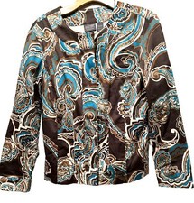 Chicos Additions Cotton Blazer Jacket Brown Blue Paisley Print Size 1 S