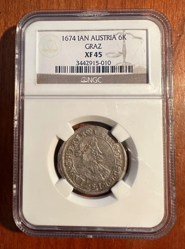 AUSTRIA GRAZ LEOPOLD I  1674-IAN  6 KREUZER SILVER COIN, NGC CERTIFIED XF45